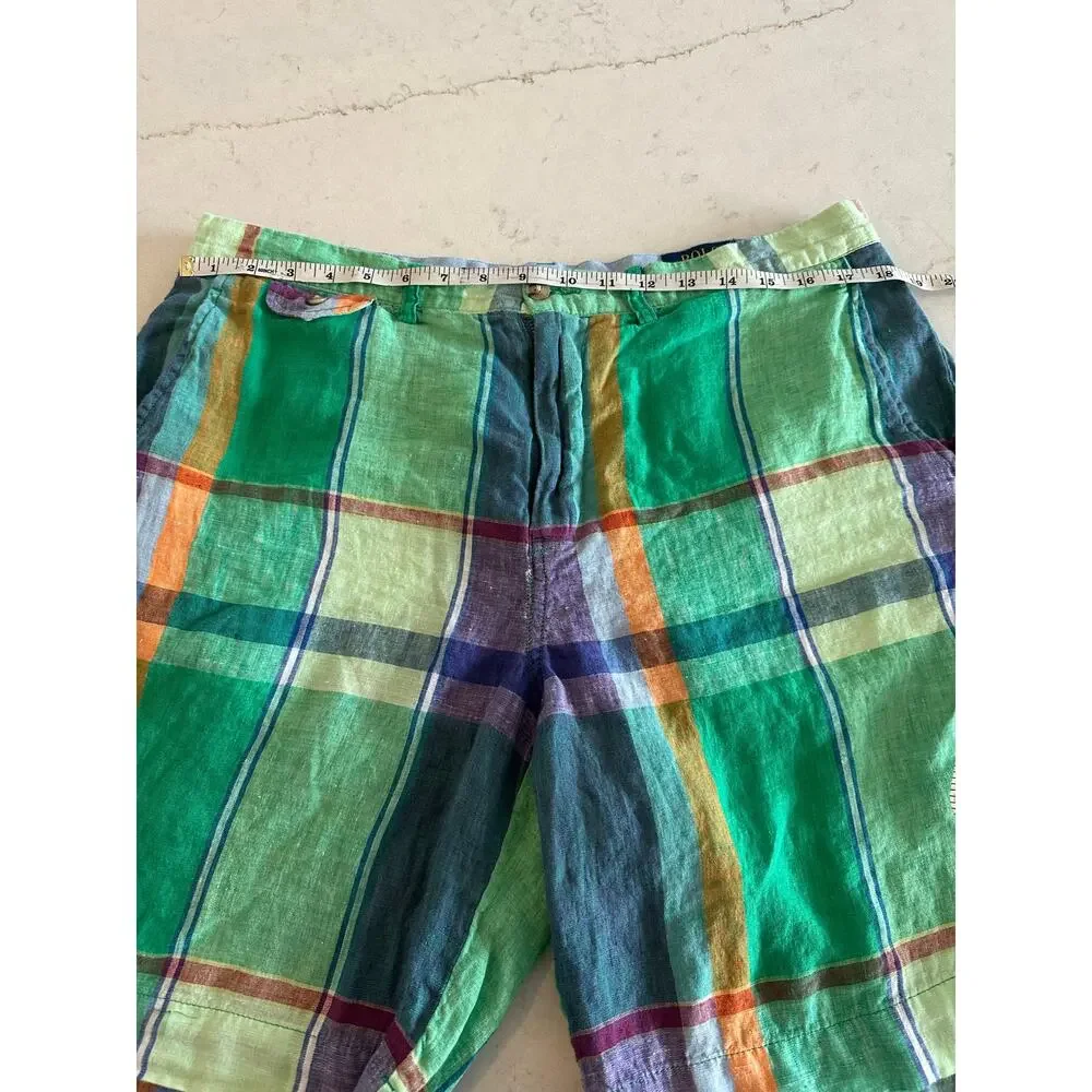 Polo Ralph Lauren Madras Linen Shorts Mens Classic Green Plaid Preppy Summer 35